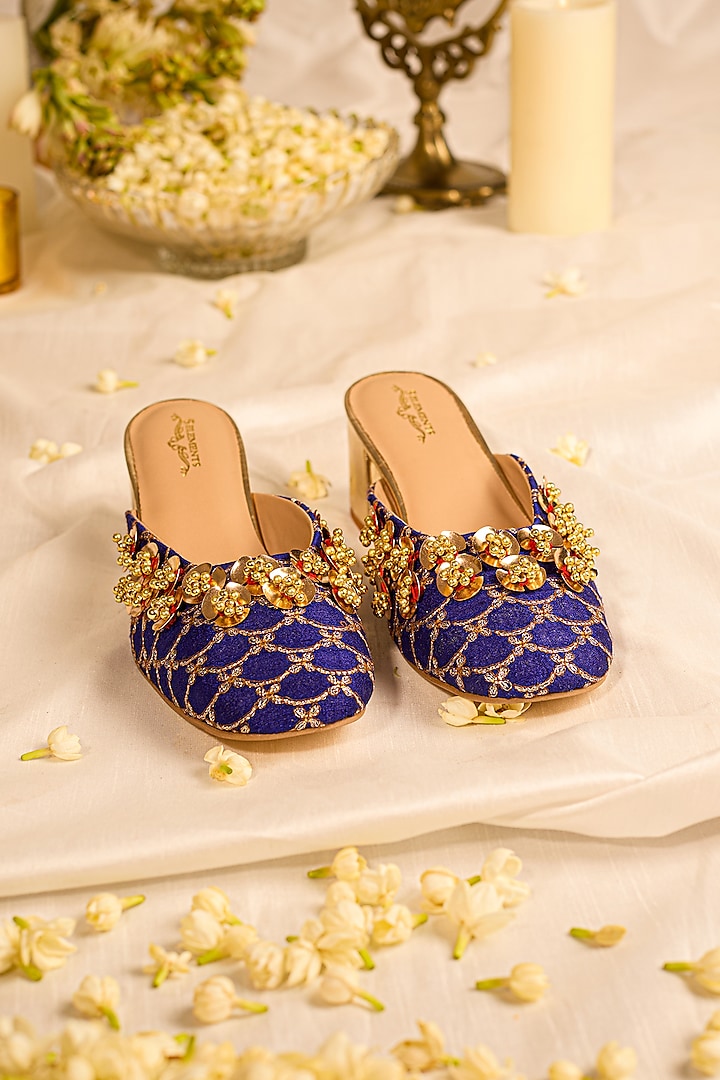 Purple Leatherette Floral Embellished Mule Heels by 5 Elements at Pernia's Pop Up Shop