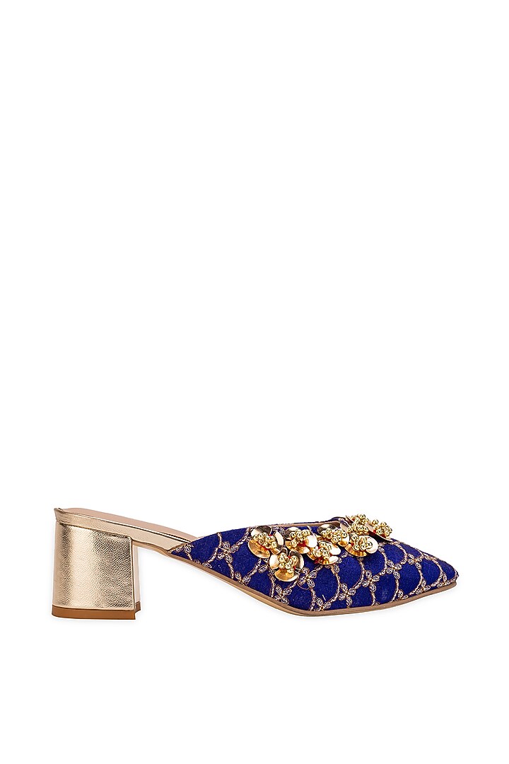 Purple Leatherette Floral Embellished Mule Heels by 5 Elements at Pernia's Pop Up Shop