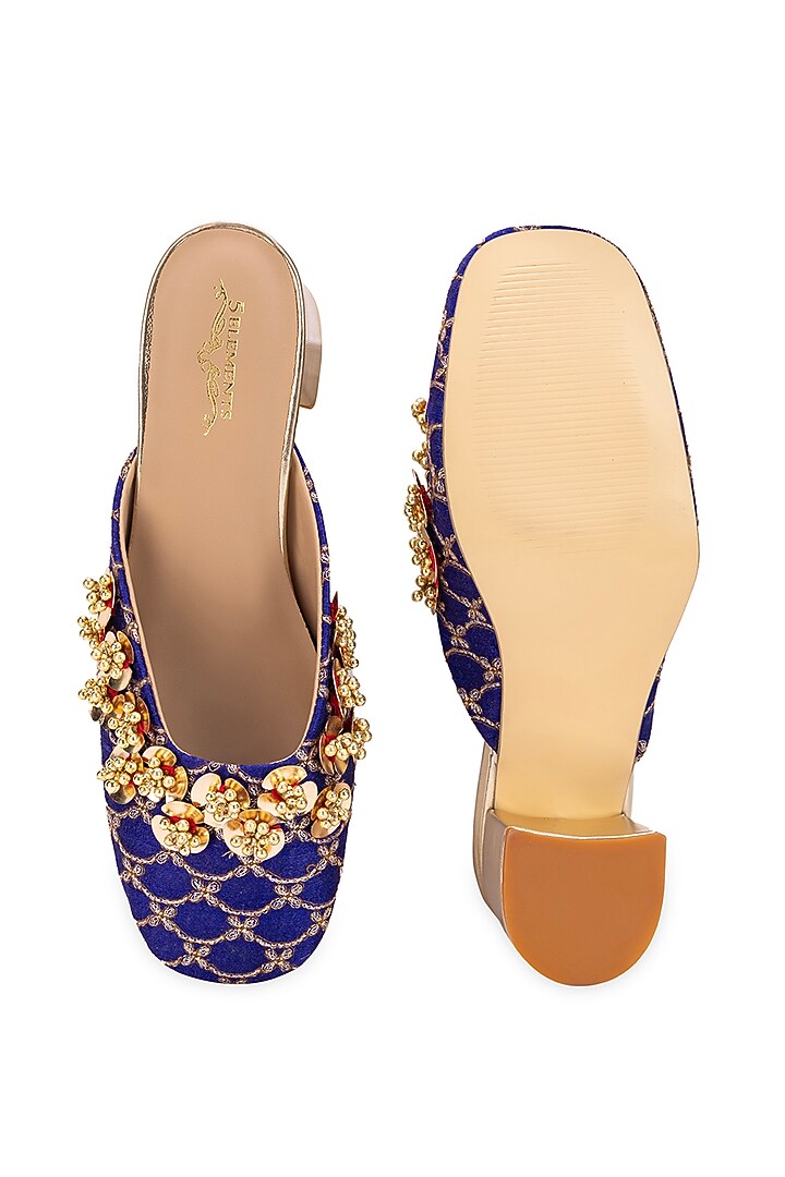 Purple Leatherette Floral Embellished Mule Heels by 5 Elements at Pernia's Pop Up Shop