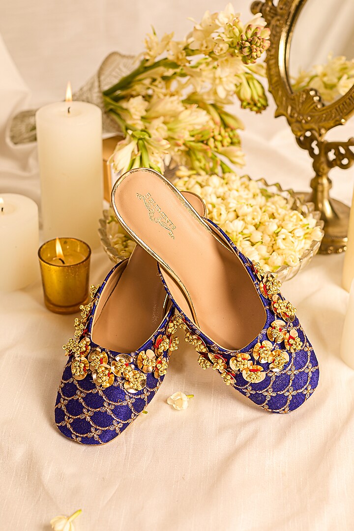 Purple Leatherette Floral Embellished Mule Heels by 5 Elements at Pernia's Pop Up Shop
