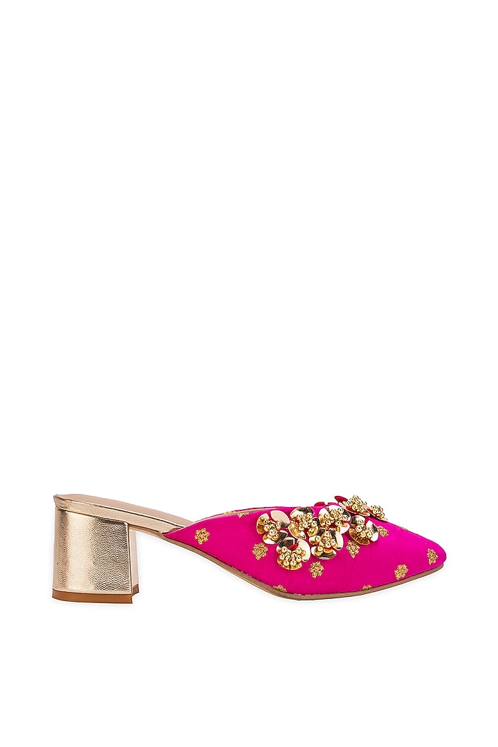 Pink Leatherette Floral Embellished Mule Heels by 5 Elements at Pernia's Pop Up Shop