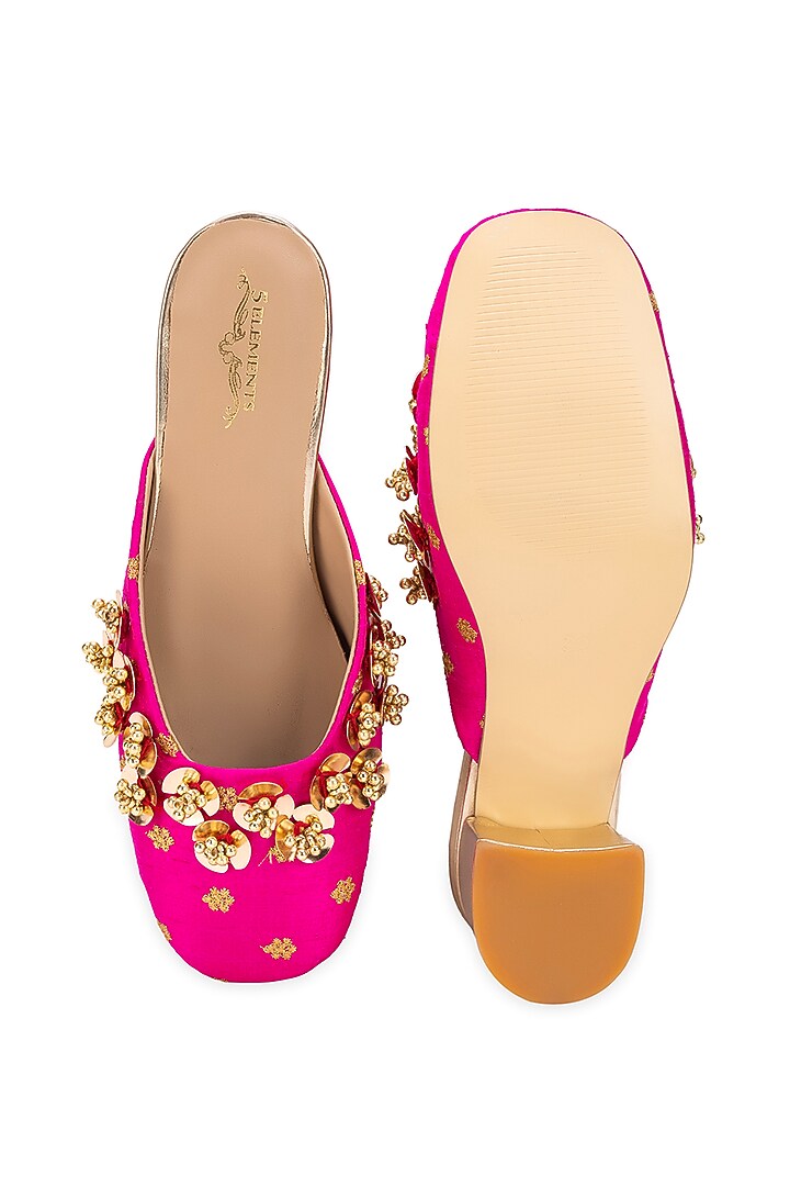 Pink Leatherette Floral Embellished Mule Heels by 5 Elements at Pernia's Pop Up Shop