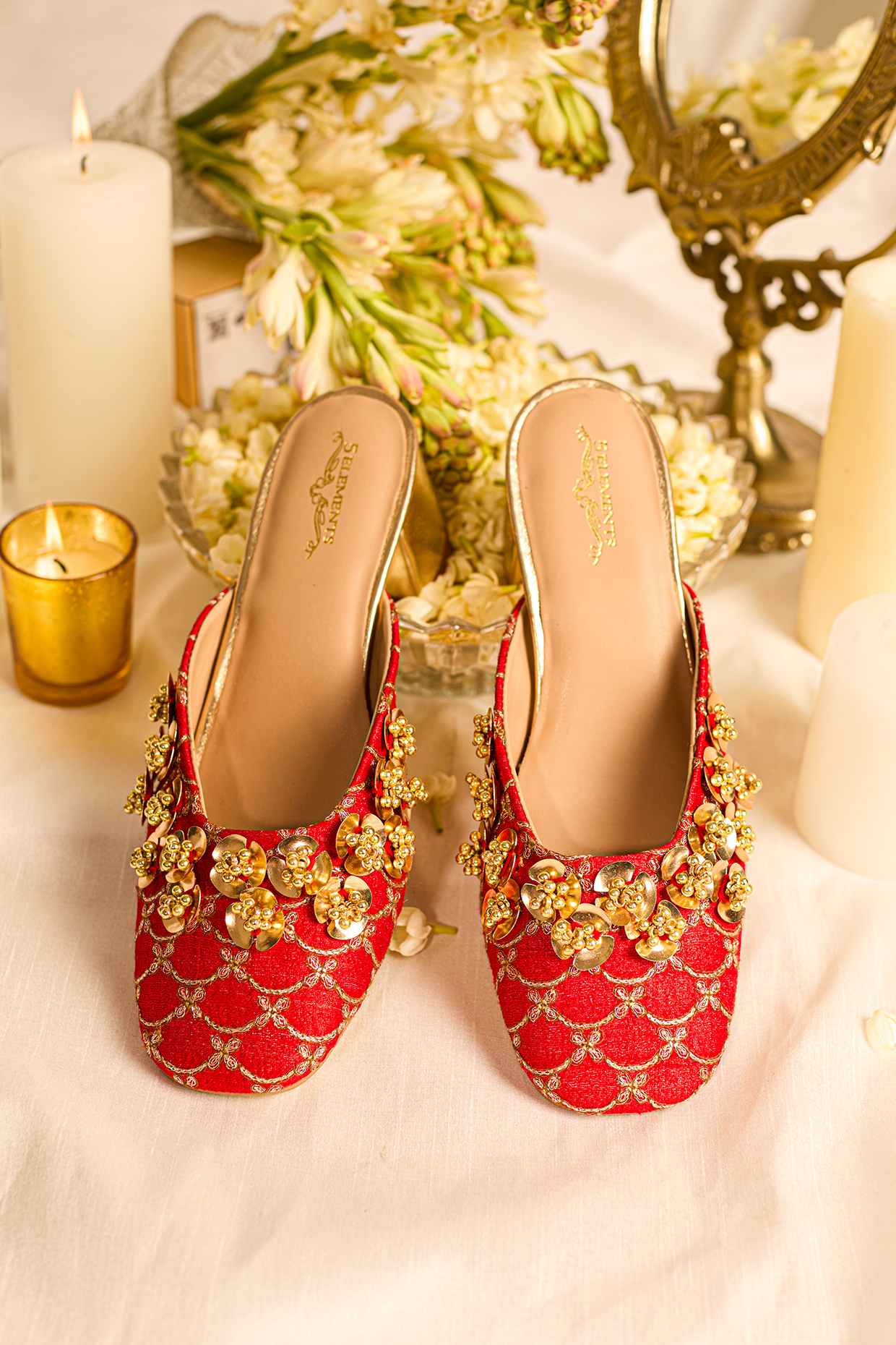 Red Leatherette Floral Embellished Mule Heels by 5 Elements at Pernia's Pop Up Shop