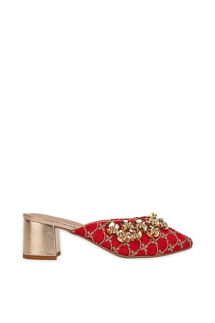 Red Leatherette Floral Embellished Mule Heels by 5 Elements at Pernia's Pop Up Shop