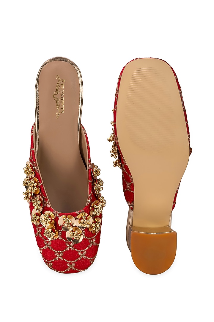 Red Leatherette Floral Embellished Mule Heels by 5 Elements at Pernia's Pop Up Shop