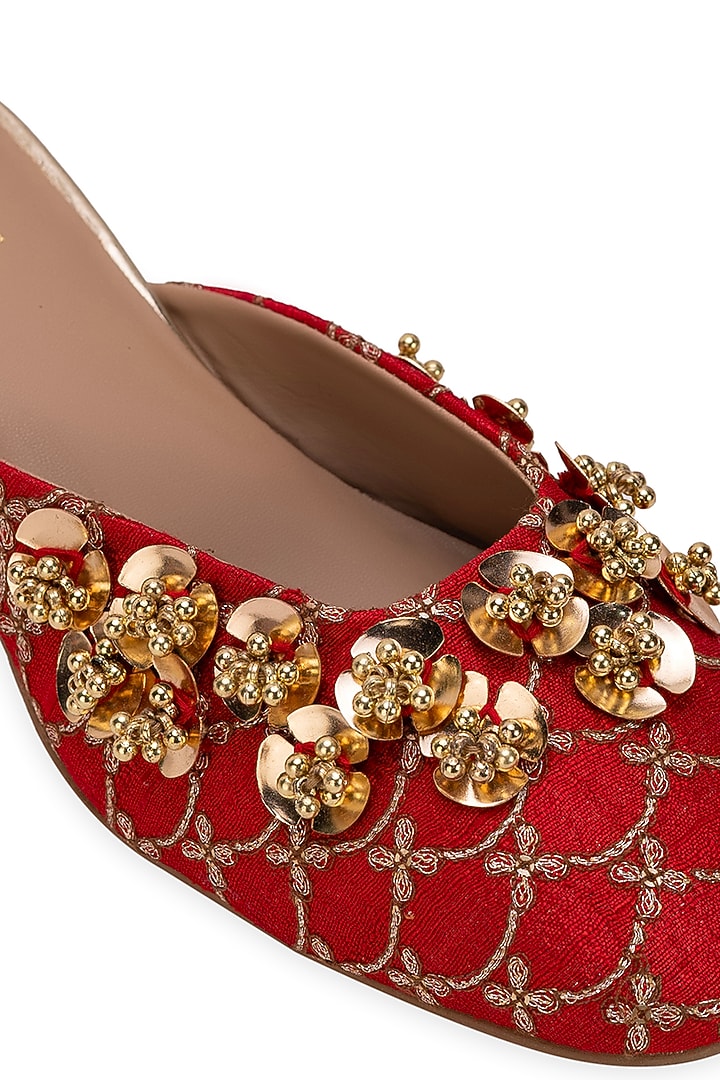 Red Leatherette Floral Embellished Mule Heels by 5 Elements at Pernia's Pop Up Shop