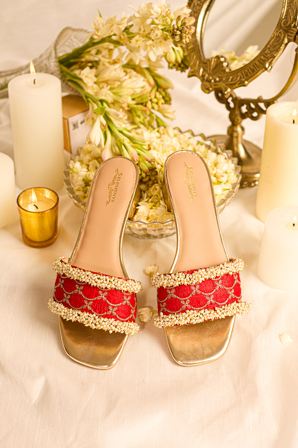 Red Leatherette Machine Embroidered Slider Heels by 5 Elements at Pernia's Pop Up Shop