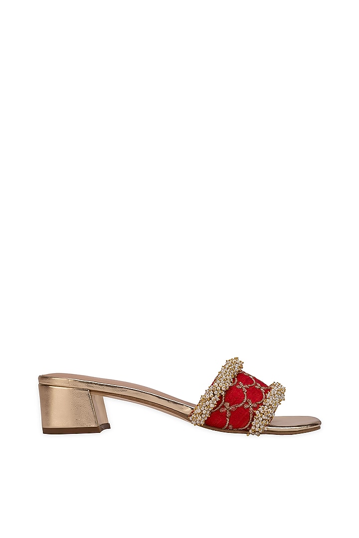 Red Leatherette Machine Embroidered Slider Heels by 5 Elements at Pernia's Pop Up Shop