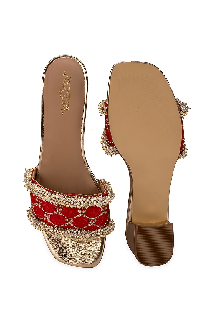 Red Leatherette Machine Embroidered Slider Heels by 5 Elements at Pernia's Pop Up Shop