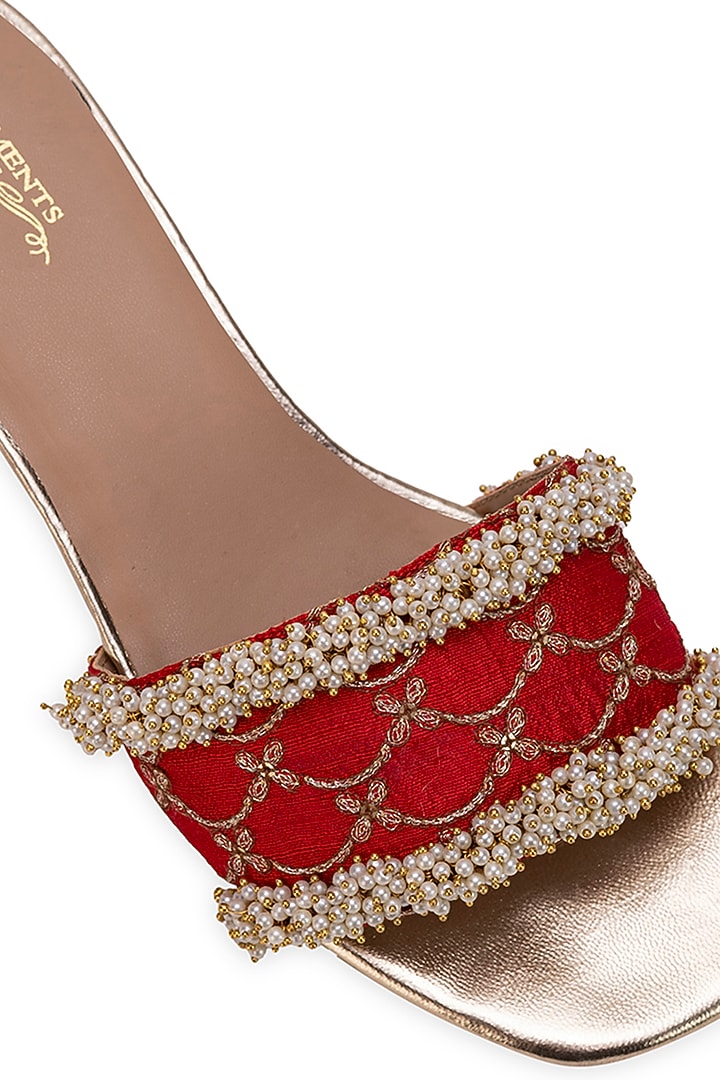 Red Leatherette Machine Embroidered Slider Heels by 5 Elements at Pernia's Pop Up Shop