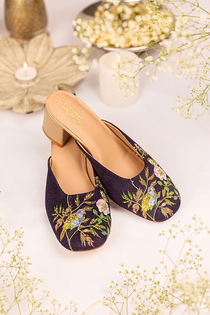 Purple Leatherette Floral Embellished Mule Heels by 5 Elements at Pernia's Pop Up Shop