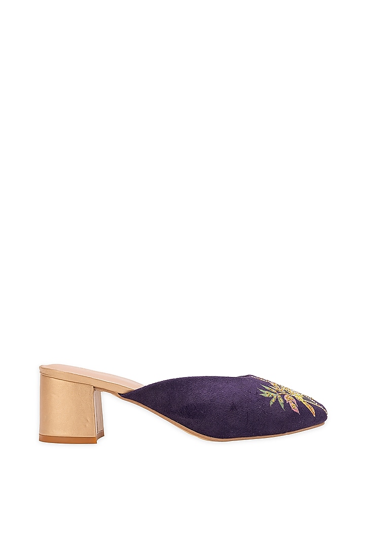 Purple Leatherette Floral Embellished Mule Heels by 5 Elements at Pernia's Pop Up Shop