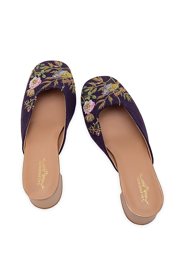 Purple Leatherette Floral Embellished Mule Heels by 5 Elements at Pernia's Pop Up Shop