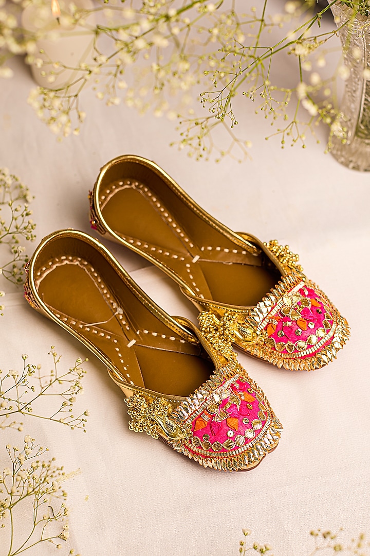 Gold Leatherette Floral Embellished Juttis by 5 Elements at Pernia's Pop Up Shop