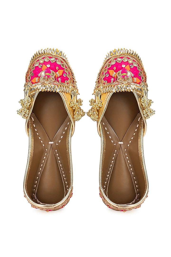Gold Leatherette Floral Embellished Juttis by 5 Elements at Pernia's Pop Up Shop