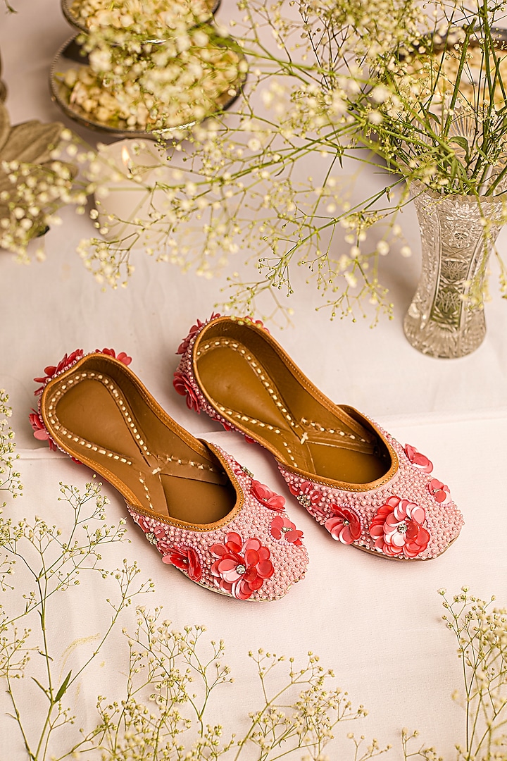 Pink Leatherette Floral Embellished Juttis by 5 Elements at Pernia's Pop Up Shop