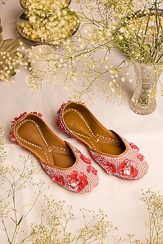Pink Leatherette Floral Embellished Juttis by 5 Elements