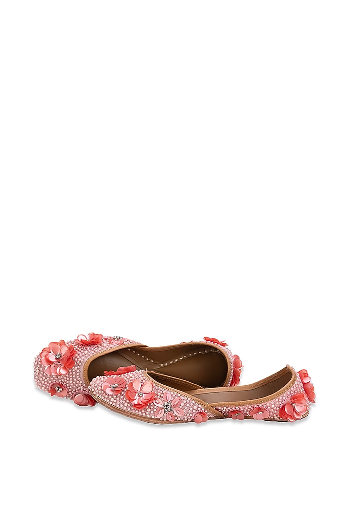 Pink Leatherette Floral Embellished Juttis by 5 Elements at Pernia's Pop Up Shop