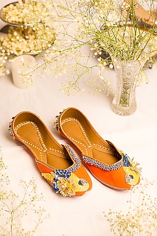 Orange Leatherette Floral Embellished Juttis by 5 Elements