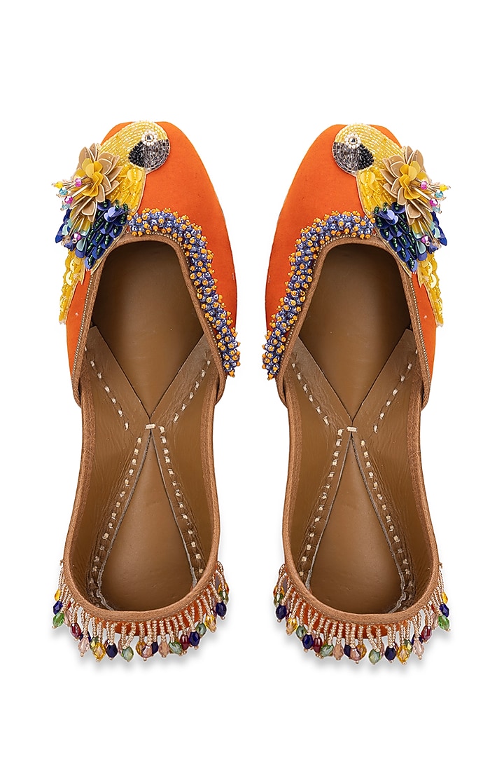 Orange Leatherette Floral Embellished Juttis by 5 Elements at Pernia's Pop Up Shop