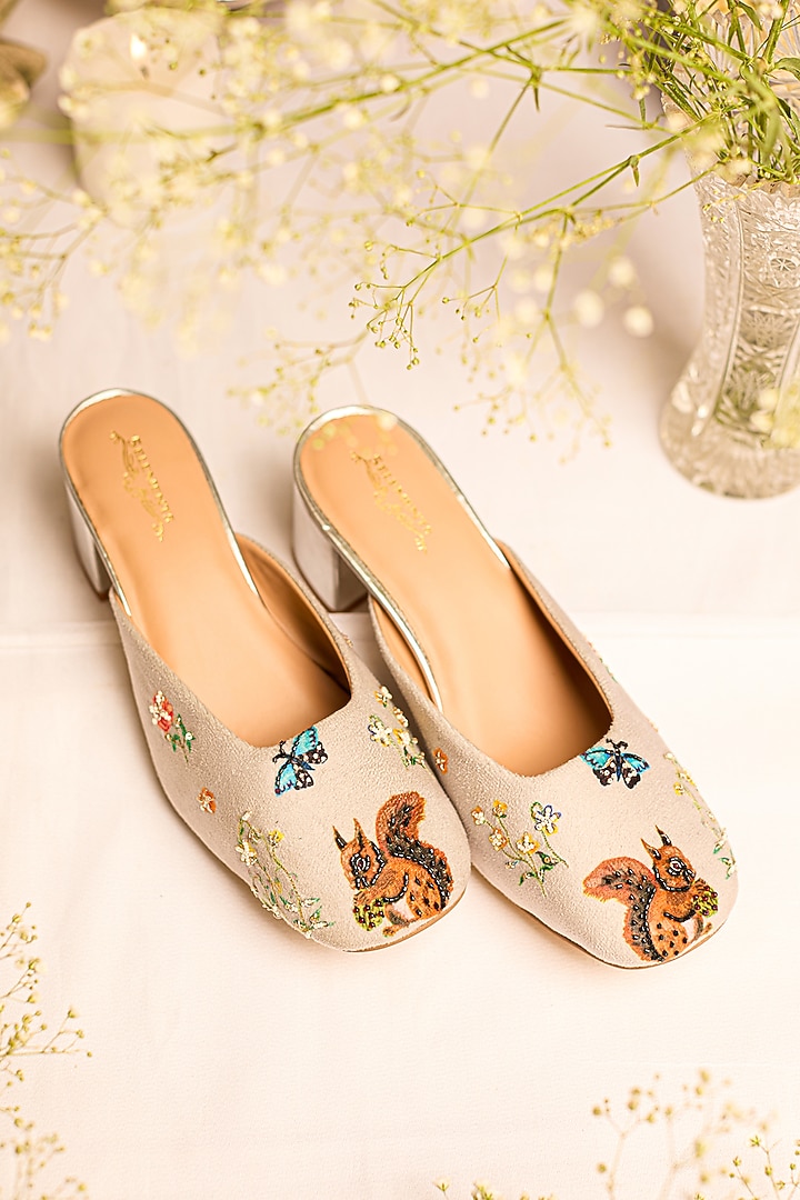 Beige Leatherette Floral Embellished Mule Heels by 5 Elements at Pernia's Pop Up Shop