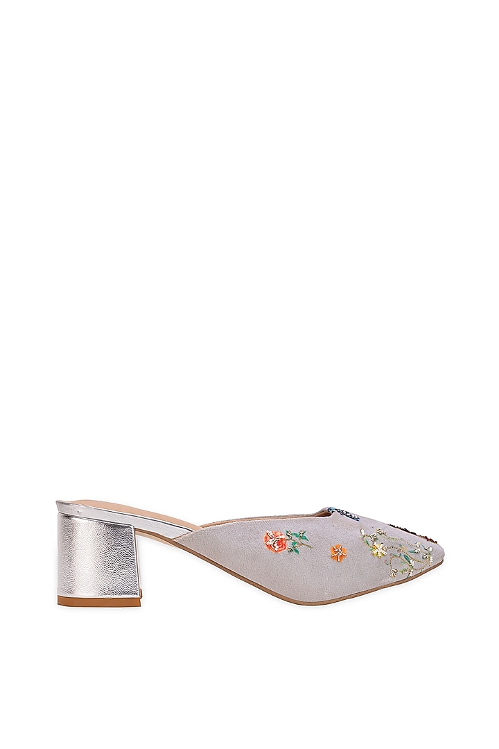 Beige Leatherette Floral Embellished Mule Heels by 5 Elements at Pernia's Pop Up Shop