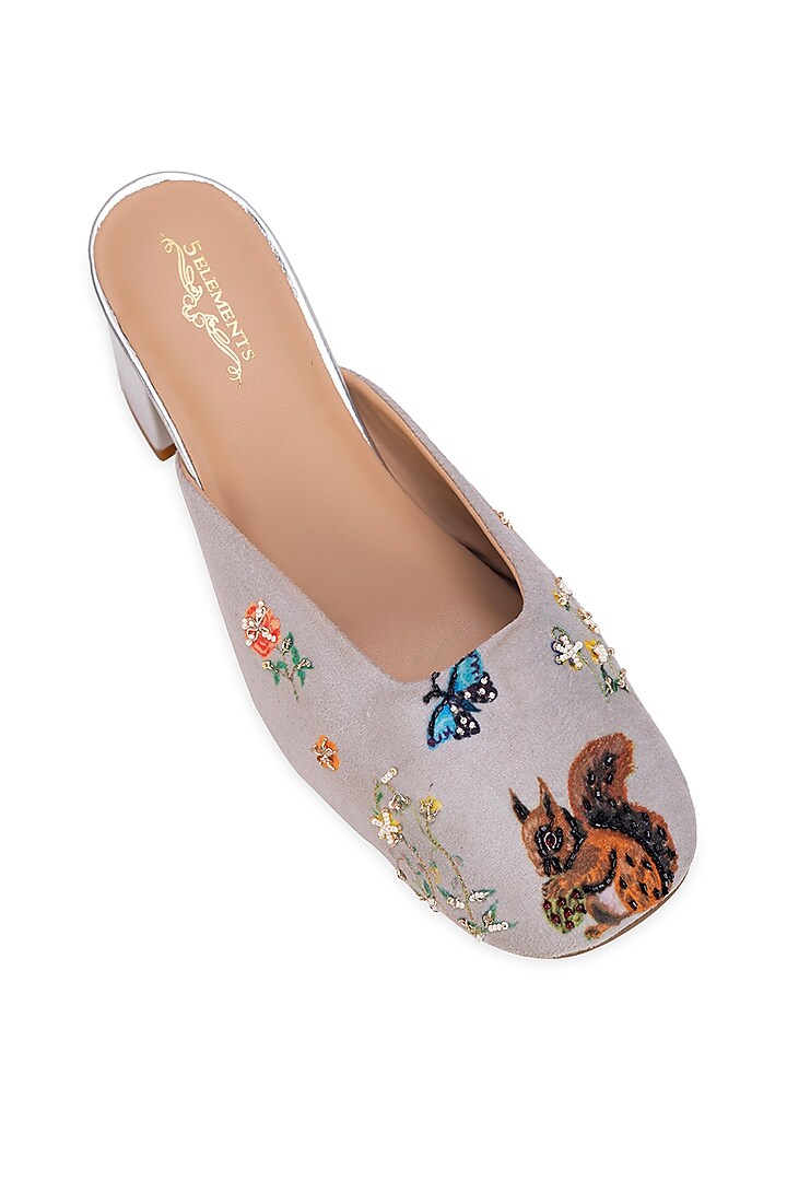 Beige Leatherette Floral Embellished Mule Heels by 5 Elements at Pernia's Pop Up Shop
