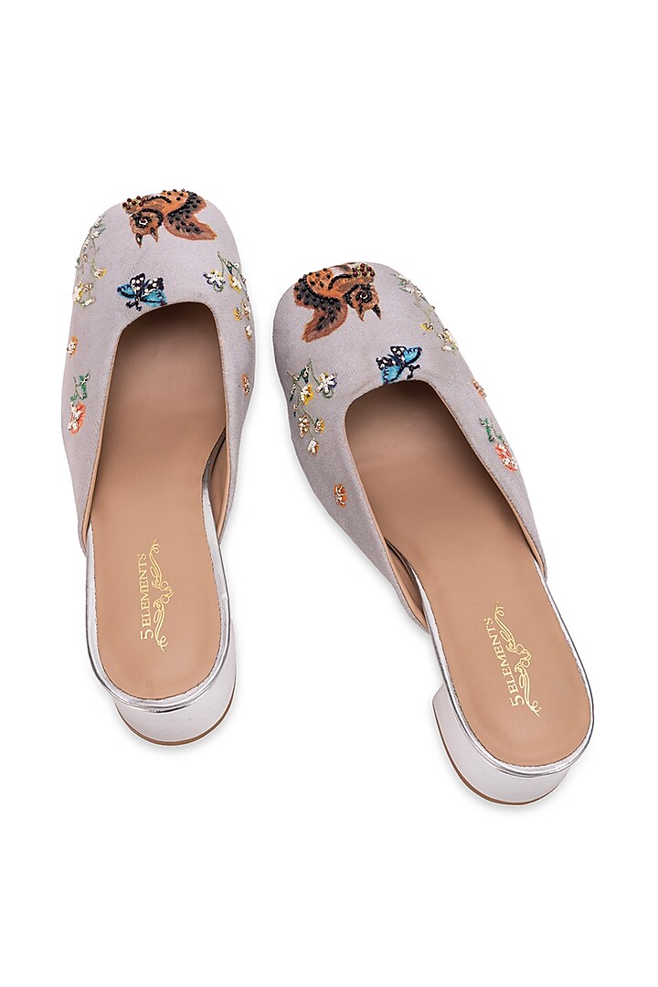 Beige Leatherette Floral Embellished Mule Heels by 5 Elements at Pernia's Pop Up Shop