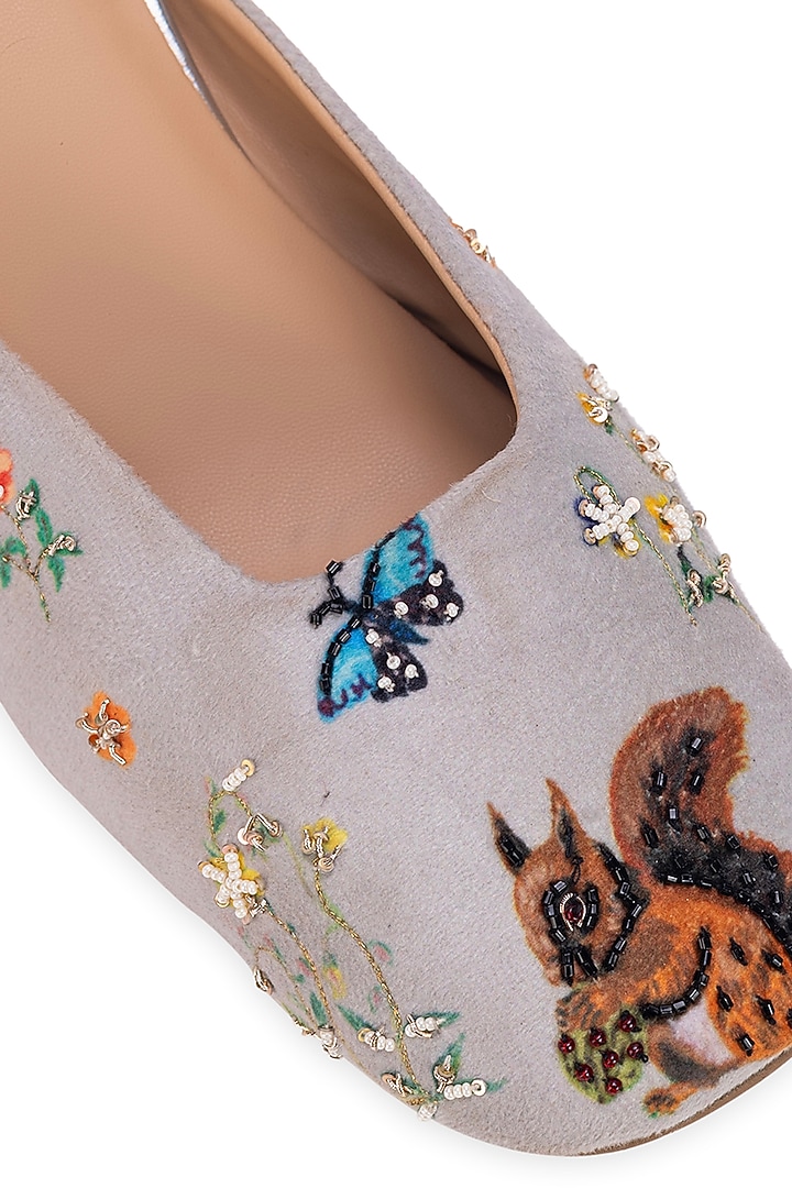 Beige Leatherette Floral Embellished Mule Heels by 5 Elements at Pernia's Pop Up Shop