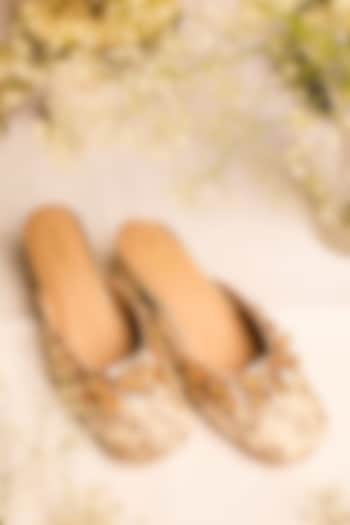 Off-White Leatherette Floral Embellished Mule Heels by 5 Elements at Pernia's Pop Up Shop