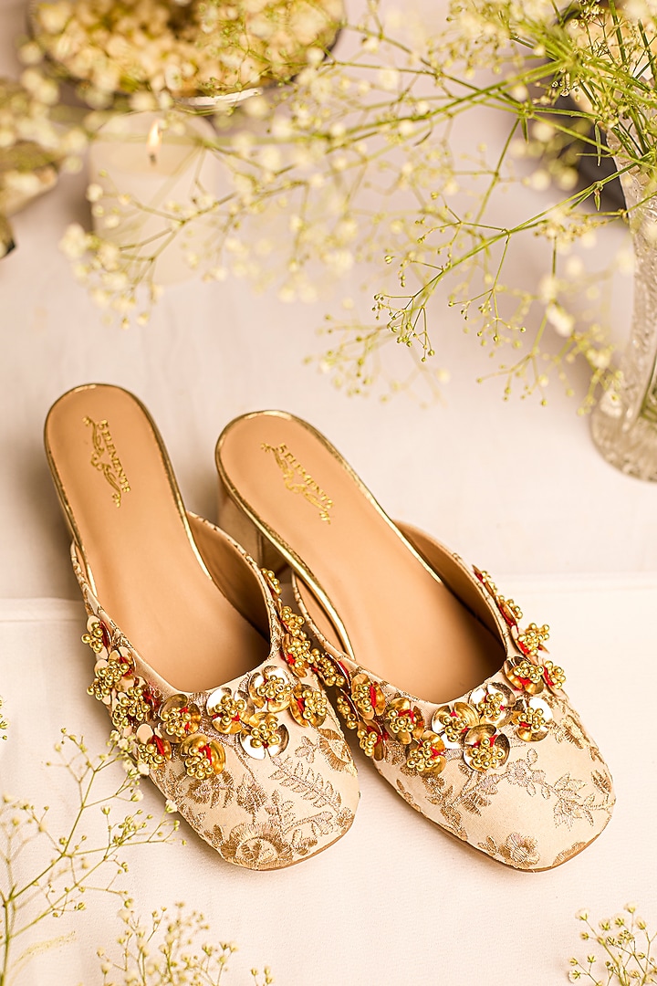 Off-White Leatherette Floral Embellished Mule Heels by 5 Elements at Pernia's Pop Up Shop