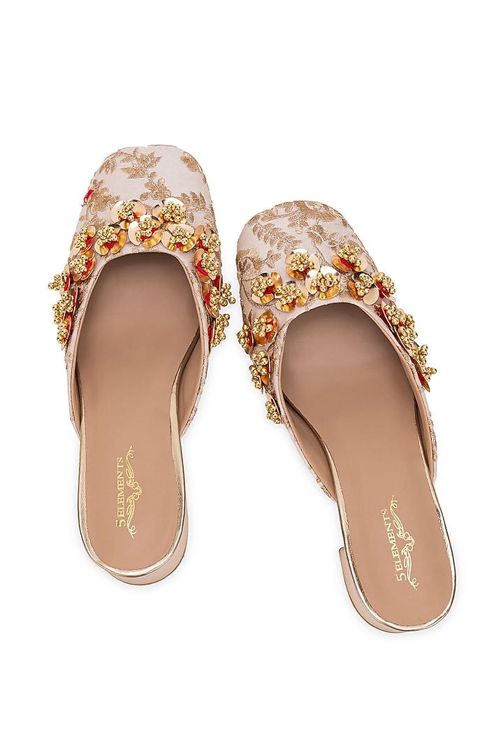Off-White Leatherette Floral Embellished Mule Heels by 5 Elements at Pernia's Pop Up Shop