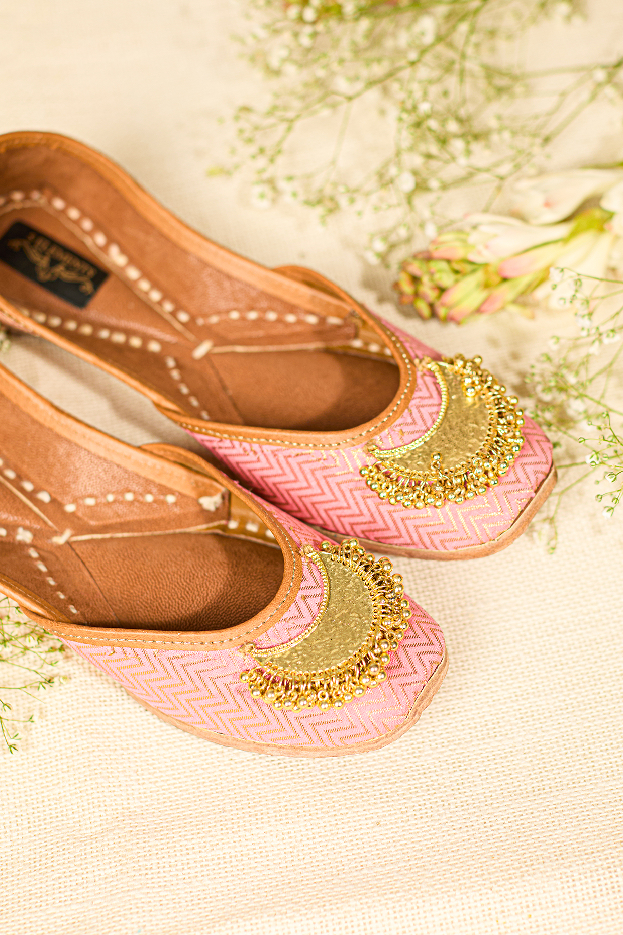 Pink Leatherette Embellished Juttis by 5 Elements at Pernia's Pop Up Shop