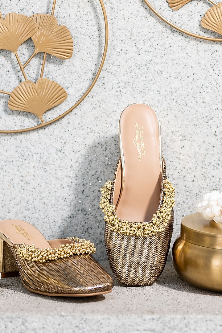 Brown Leatherette Embellished Mule Heels by 5 Elements at Pernia's Pop Up Shop