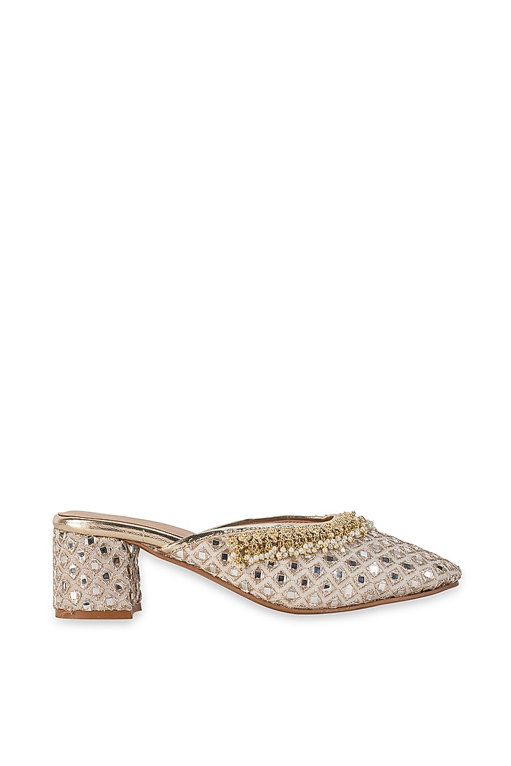 Gold Leatherette Embellished Mule Heels by 5 Elements at Pernia's Pop Up Shop