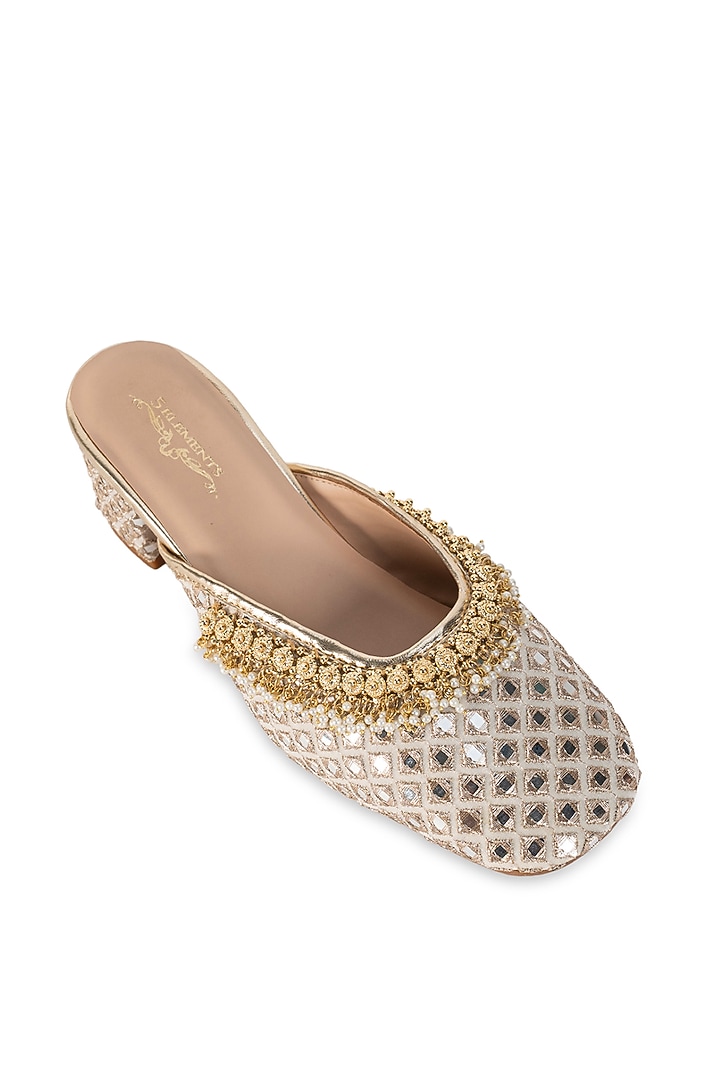 Gold Leatherette Embellished Mule Heels by 5 Elements at Pernia's Pop Up Shop