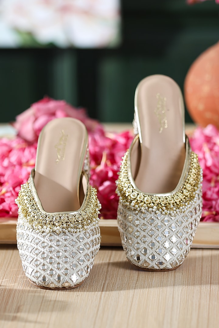 Gold Leatherette Embellished Mule Heels by 5 Elements at Pernia's Pop Up Shop