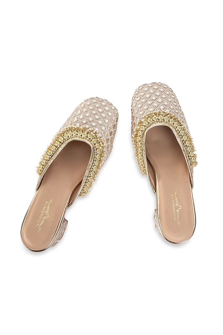 Gold Leatherette Embellished Mule Heels by 5 Elements at Pernia's Pop Up Shop