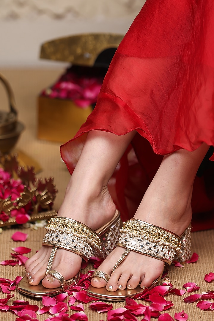 Gold Leatherette Embellished Kolhapuri Heels by 5 Elements at Pernia's Pop Up Shop