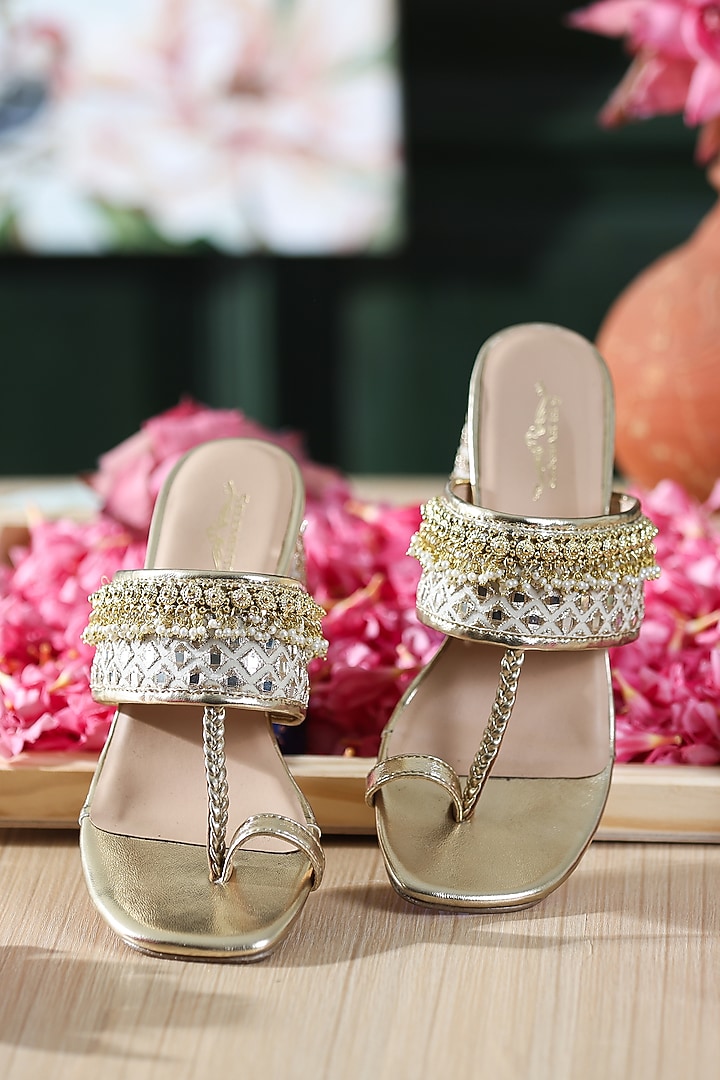 Gold Leatherette Embellished Kolhapuri Heels by 5 Elements at Pernia's Pop Up Shop