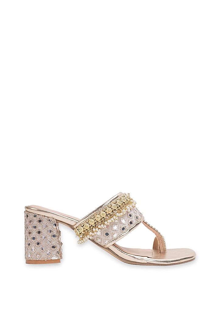 Gold Leatherette Embellished Kolhapuri Heels by 5 Elements at Pernia's Pop Up Shop
