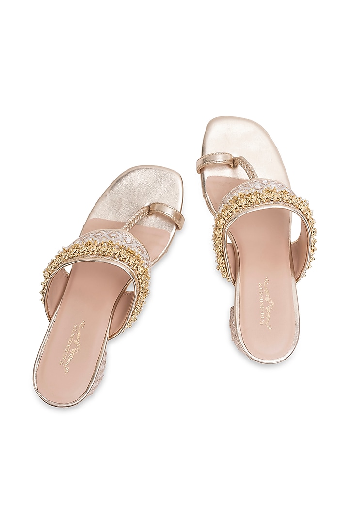 Gold Leatherette Embellished Kolhapuri Heels by 5 Elements at Pernia's Pop Up Shop