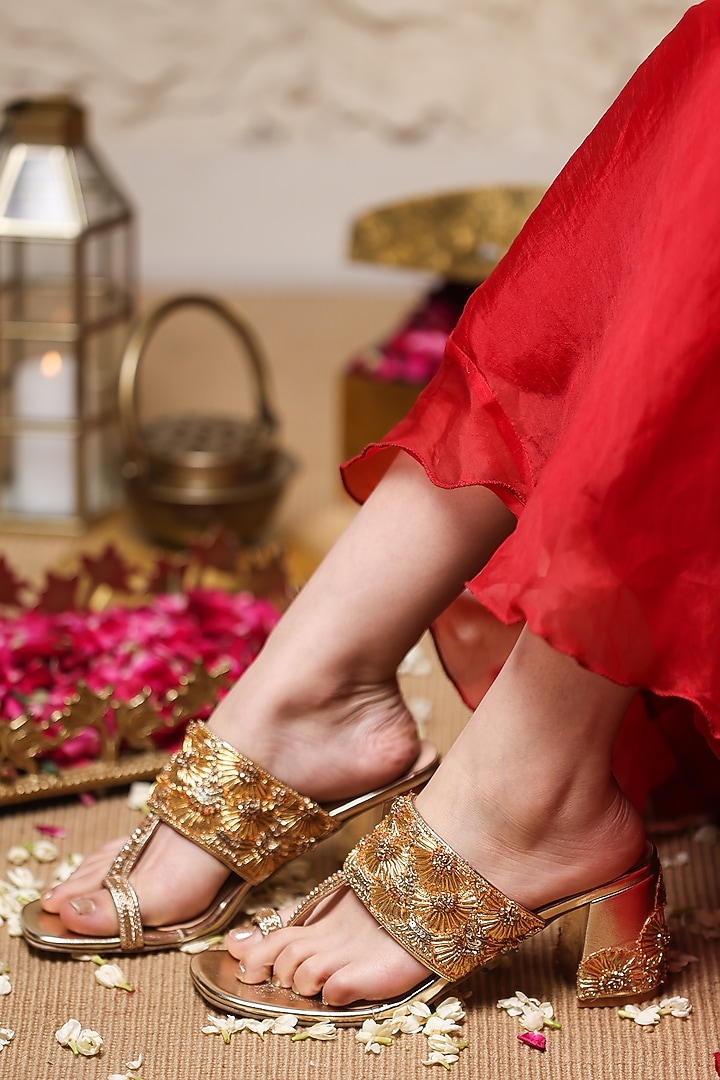 Gold Leatherette Embellished Kolhapuri Heels by 5 Elements at Pernia's Pop Up Shop