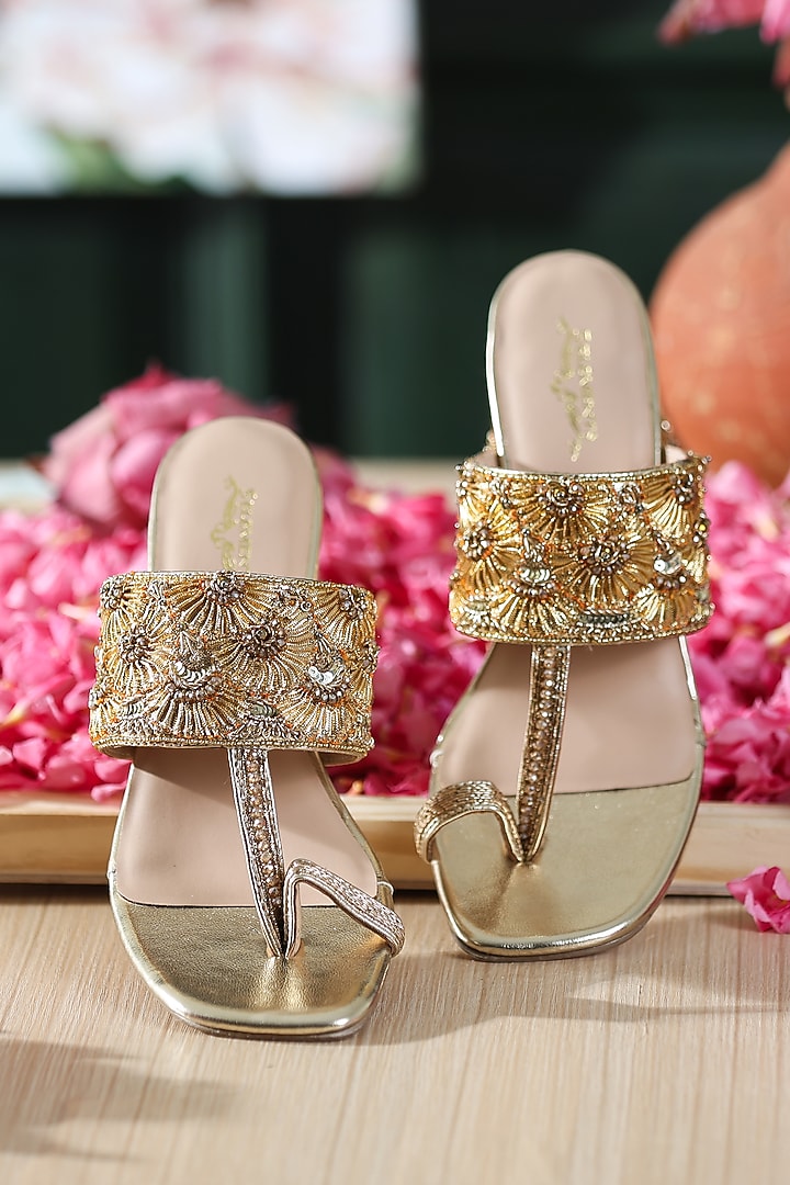 Gold Leatherette Embellished Kolhapuri Heels by 5 Elements at Pernia's Pop Up Shop