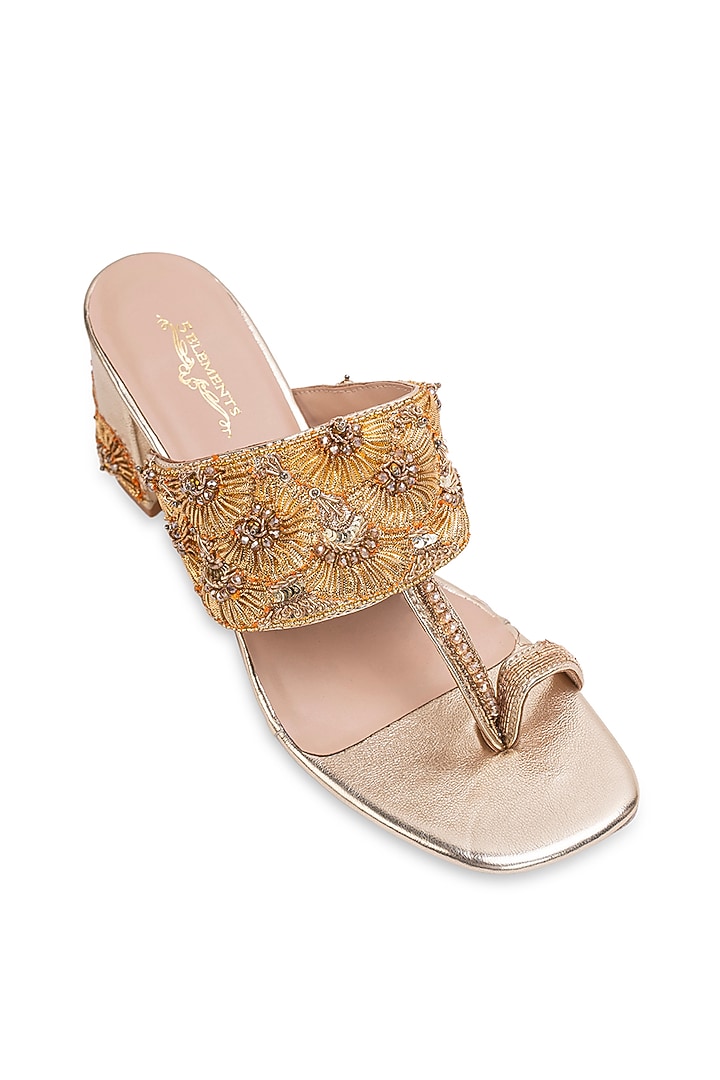 Gold Leatherette Embellished Kolhapuri Heels by 5 Elements at Pernia's Pop Up Shop