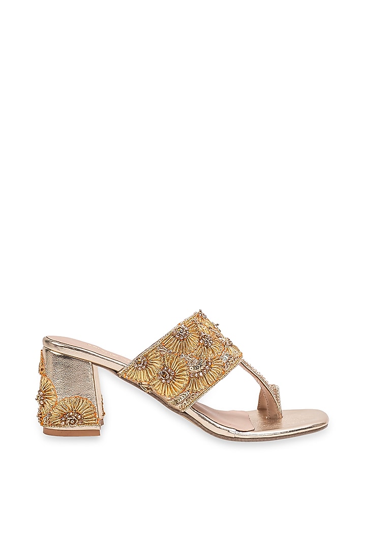 Gold Leatherette Embellished Kolhapuri Heels by 5 Elements at Pernia's Pop Up Shop