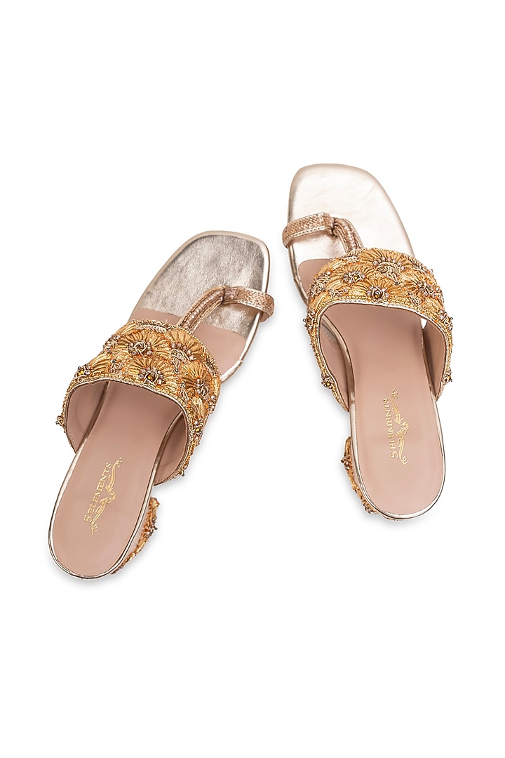 Gold Leatherette Embellished Kolhapuri Heels by 5 Elements at Pernia's Pop Up Shop