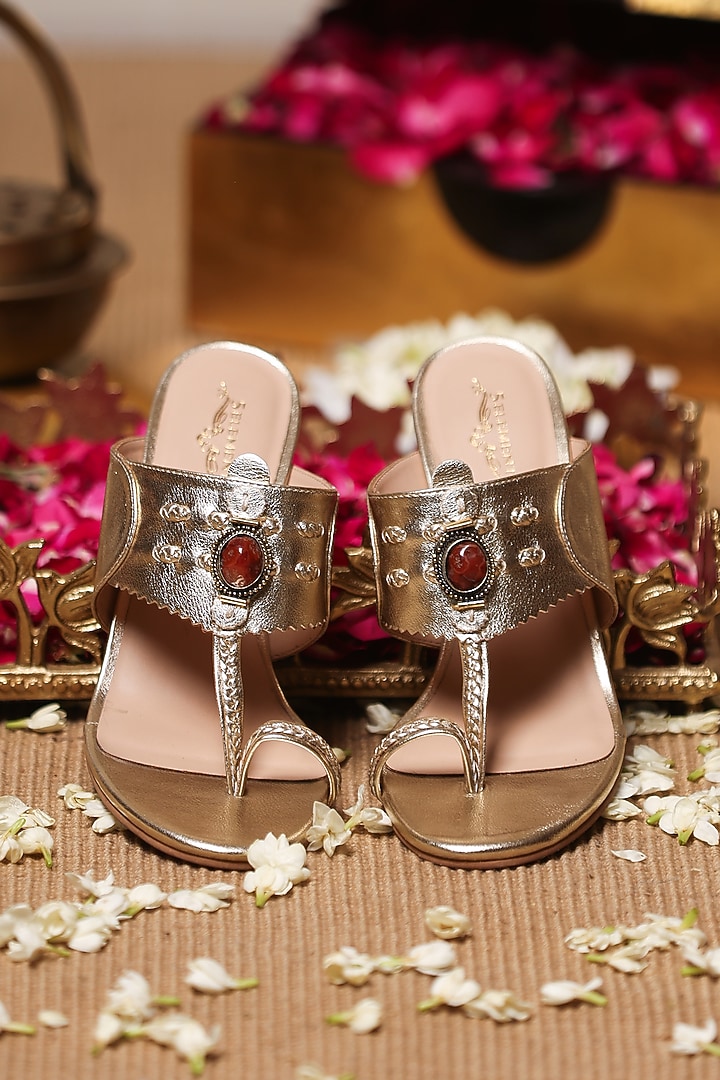 Gold Leatherette Embellished Kolhapuri Heels by 5 Elements at Pernia's Pop Up Shop