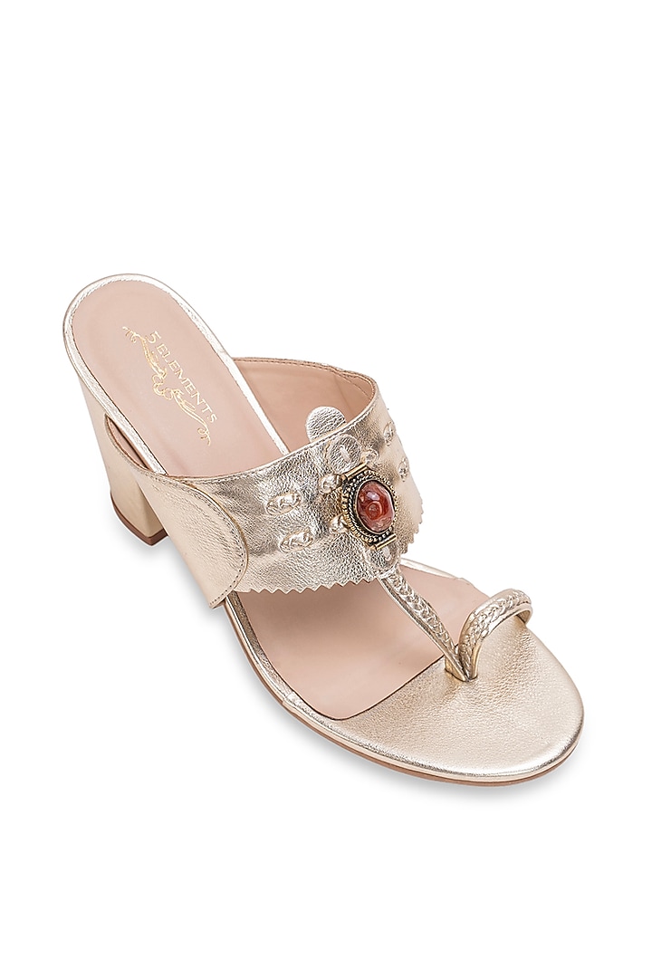Gold Leatherette Embellished Kolhapuri Heels by 5 Elements at Pernia's Pop Up Shop