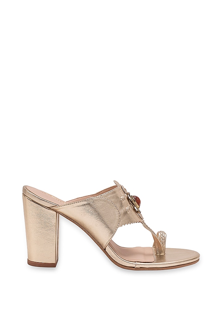 Gold Leatherette Embellished Kolhapuri Heels by 5 Elements at Pernia's Pop Up Shop